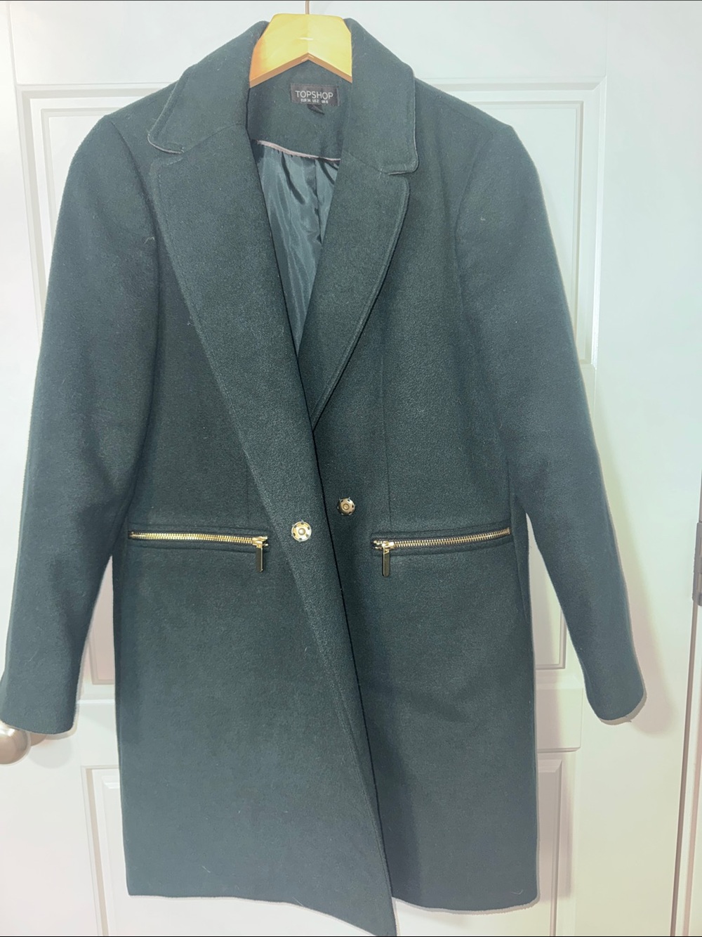 Topshop Green Long Wool-Blend Trench Coat with Gold Hardware
